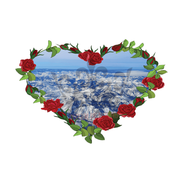 A card image of a heart showing mountains